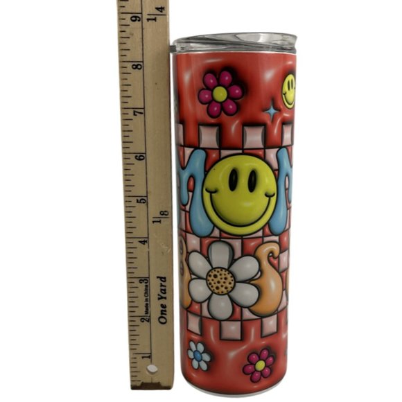 Skinny Tumbler 20oz Mom Boss Flowers Smiley Face Puffy Inflated Stainless-Steel - Picture 7 of 9